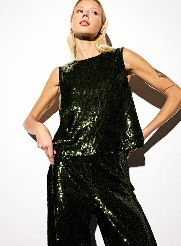 Dark Green Sequin Embellished Square Neck Shell Top 16